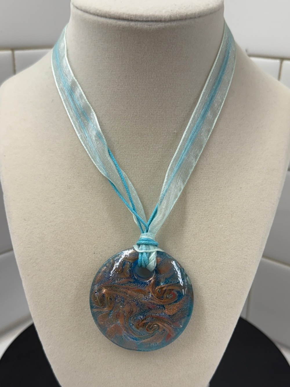 Handcrafted Art Glass Turquoise Blue and Bronze Swirl Pendant Necklace